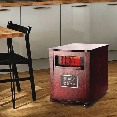 Optimus H-8010 3-Setting 1,500-Watt-Max Portable Wood-Cabinet Infrared Quartz Heater with Remote, LCD Display, and Wheeled Base