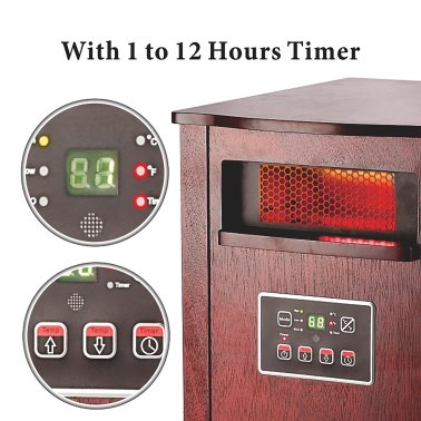 Optimus H-8121 3-Setting 1,500-Watt-Max Portable Wood-Cabinet Infrared Quartz Heater with Remote, LED Display, and Wheeled Base