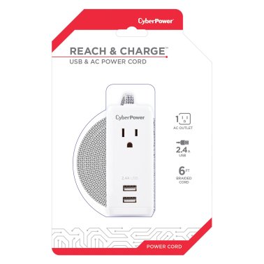 CyberPower® GC106U Reach and Charge™ USB and AC Power Cord, 6-Foot Braided Cable