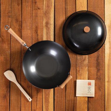 Joyce Chen® Classic Series Carbon Steel Nonstick Wok Set with Lid and Birch Handles, 4 Pieces, 14-In.
