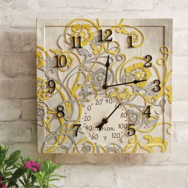 Taylor® Precision Products 14-In. x 14-In. Clock with Thermometer (Beachwood)