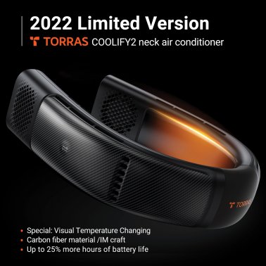 TORRAS® Portable Neck Fan, COOLIFY® 2 Personal Air Conditioner and Heater Limited Edition Bladeless 5,000 mAh Rechargeable, Carbon Black