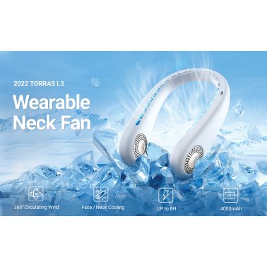 TORRAS® Portable Neck Fan, L3 Personal Bladeless USB-Rechargeable Hands-Free 360° Cooling 3 Speeds, White