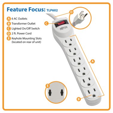 Tripp Lite® by Eaton® Protect It!® 180 Joules Surge Protector, 6 Outlets, 2-Ft. Cord, TLP602