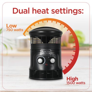BLACK+DECKER™ BHDS156 1,500-Watt-Max Portable 360° Surround Fan Heater with Thermostat, Black