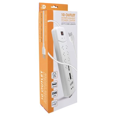 Digital Energy® Heavy-Duty Surge Protector Power Strip, 10 Outlets with 2 USB Ports and Coaxial, Phone, and Modem Protection (25 Ft. cord; White)