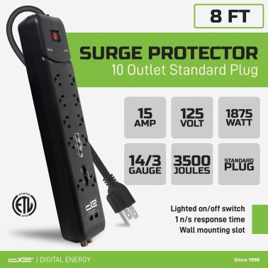 Digital Energy® Heavy-Duty Surge Protector Power Strip, 10 Outlets with 2 USB Ports and Coaxial, Phone, and Modem Protection (8 Ft. cord; Black)