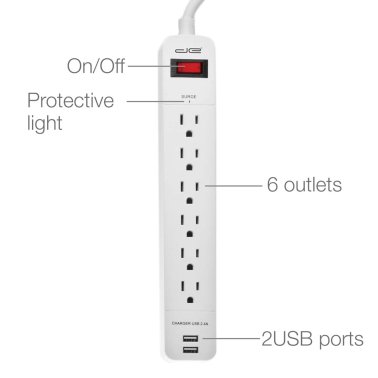Digital Energy® 6-Outlet Surge Protector Power Strip with 2 USB Ports (180 In.; White)