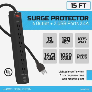 Digital Energy® 6-Outlet Surge Protector Power Strip with 2 USB Ports (180 In.; Black)