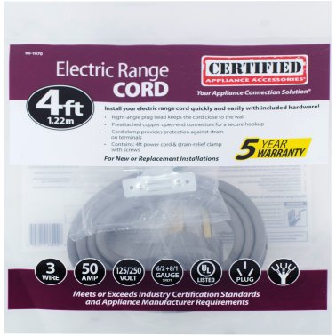 Certified Appliance Accessories® 3-Wire Open-End-Connector 50-Amp Range Cord, 4ft