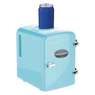 Frigidaire® 6+1-Can 48-Watt Retro Mini Portable Fridge with Top-Mounted Active-Cooling Can Holder (Blue)
