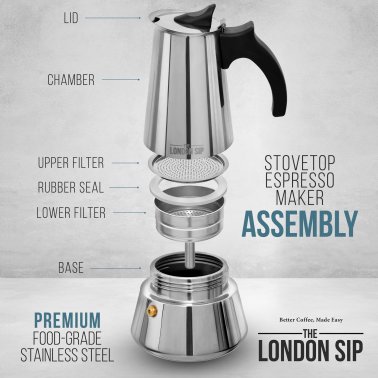THE LONDON SIP Induction Stovetop Espresso Maker (6 Cup; Silver)