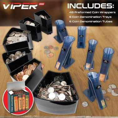 SafeTech Viper V395 Coin Counter, Sorter, and Wrapper, with 48 Preformed Wrappers and Dust Cover