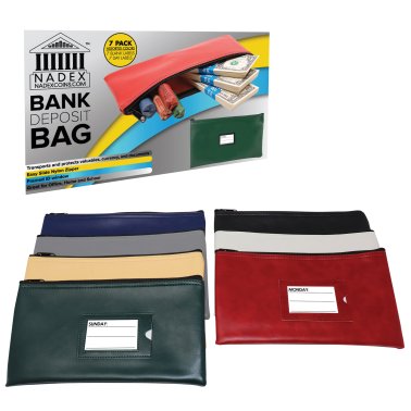 Nadex Coins™ Vinyl 7-Day Pack of Zippered Bank Deposit Cash and Coin Bags with Card Window (Multi-Color)