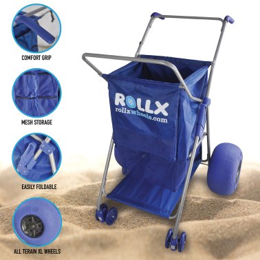 Rollx® Big Balloon Wheel Foldable Beach Cart Storage Wagon for Sand, with 13-In. Beach Tires, Blue