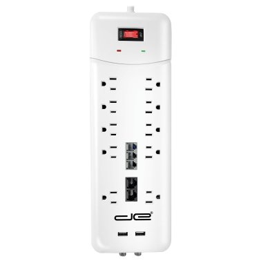 Digital Energy® Heavy-Duty Surge Protector Power Strip, 10 Outlets with 2 USB Ports and Coaxial, Phone, and Modem Protection (15 Ft. cord; White)