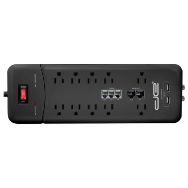 Digital Energy® 10-Outlet Heavy-Duty Surge Protector Power Strip with 2 USB Ports and Coaxial, Phone, and Modem Protection (15 Ft.; Black)