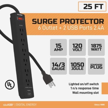 Digital Energy® 6-Outlet Surge Protector Power Strip with 2 USB Ports (300 In.; Black)