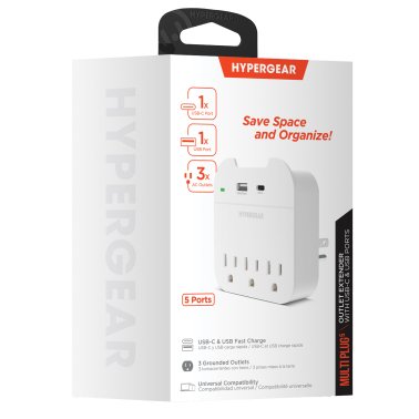 HyperGear® Multi-Plug 5-Outlet Wall Tap with USB-C® and USB Ports, White