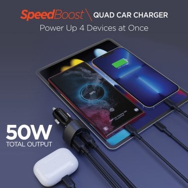 HyperGear® SpeedBoost 50-Watt Quad PD Car Charger, Black
