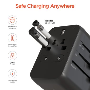 HyperGear® WorldCharge Universal Travel Adapter with USB/USB-C® (Black)