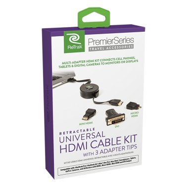 ReTrak® Retractable Standard HDMI® Cable with Mini, Micro, and DVI Adapters, 5 Ft.