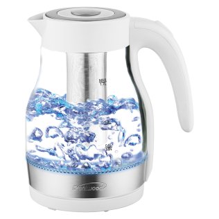 Brentwood® 1.79-Qt. 1,100-Watt Cordless Glass Electric Kettle with Tea Infuser and Swivel Base (White)