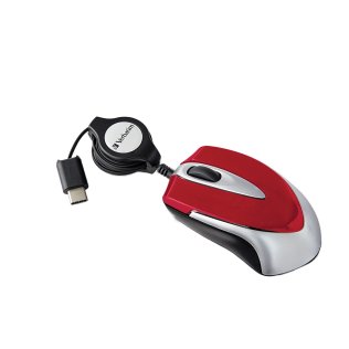Verbatim® Corded Optical Computer Mouse, Mini Travel, 3 Buttons, USB-C® (Red)
