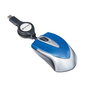 Verbatim® Corded Optical Computer Mouse, Mini Travel, 3 Buttons, USB-C® (Blue)