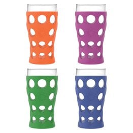 Lifefactory® 20-Oz. Beverage Glasses with Protective Silicone Sleeves, 4 Count (Orange/Grass Green/Cobalt/Huckleberry)