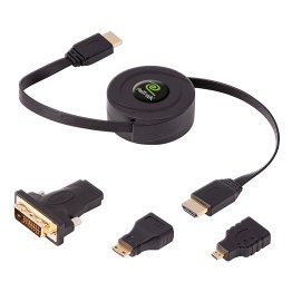ReTrak® Retractable Standard HDMI® Cable with Mini, Micro, and DVI Adapters, 5 Ft.