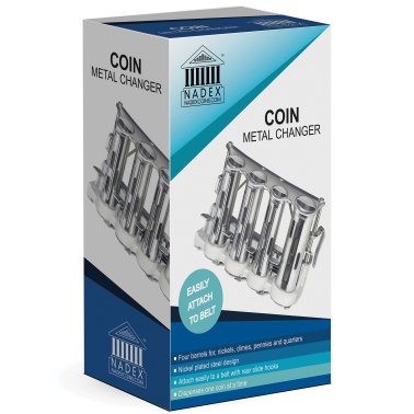 Nadex Coins™ 4-Barrel Steel Coin Dispenser Money Changer with Belt Clips