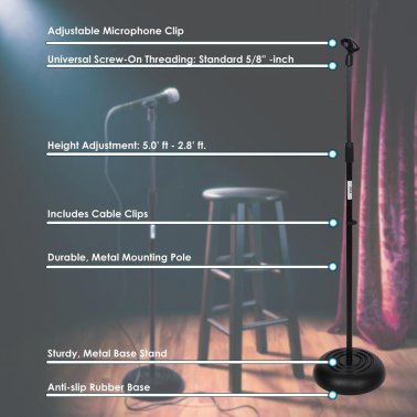 Pyle® Universal Microphone Stand with Adjustable Height, Microphone Clip, and Heavy Compact Base (1 Pack)