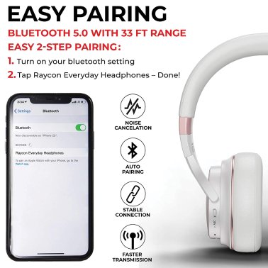 Raycon® Everyday Headphones Bluetooth® with Mics and Aux Input, ANC and Hi-Res Audio, up to 50 Hours Play Time, IPX4 Water-Resistant (Frost White)