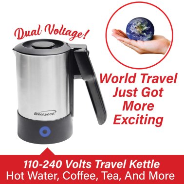 Brentwood® KT-1506S 1000-Watt 20-Oz. Dual-Voltage Stainless Steel Electric Travel Kettle, Automatic Shutoff