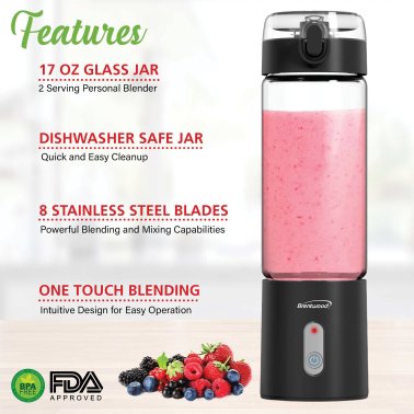 Brentwood® 50-Watt 17-Oz. Portable Battery-Operated USB-Chargeable Glass Blender (Black)