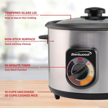 Brentwood® 10-Cup Uncooked/20-Cup Cooked 700-Watt Stainless Steel Crunchy Persian Rice Cooker with Lid