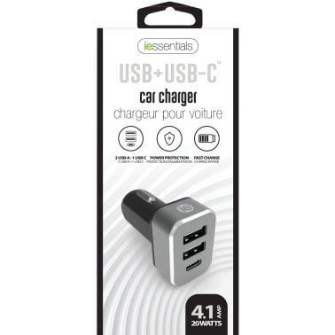iEssentials® 4.1-Amp Car Charger, 2 USB-A and 1 USB-C®
