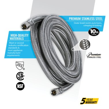 Certified Appliance Accessories Braided Stainless Steel Ice Maker Connector, 10ft