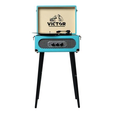Victor® 6-Watt Andover 3-Speed Belt-Drive Manual Suitcase Turntable with Built-in Speakers, Bluetooth® In/Out, FM, 45 Adapter, and Legs (Turquoise)