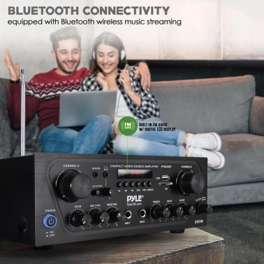 Pyle® 2.0-Channel 250-Watt-Max Bluetooth® Stereo Amplifier/Receiver with 2 Mic Inputs, Sub Out, FM Radio, USB, microSD™, and Remote, PTA24BT