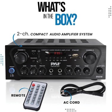 Pyle® 2.0-Channel 250-Watt-Max Bluetooth® Stereo Amplifier/Receiver with 2 Mic Inputs, Sub Out, FM Radio, USB, microSD™, and Remote, PTA24BT