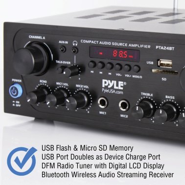 Pyle® 2.0-Channel 250-Watt-Max Bluetooth® Stereo Amplifier/Receiver with 2 Mic Inputs, Sub Out, FM Radio, USB, microSD™, and Remote, PTA24BT