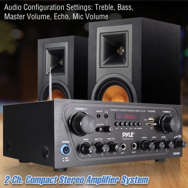 Pyle® 2.0-Channel 250-Watt-Max Bluetooth® Stereo Amplifier/Receiver with 2 Mic Inputs, Sub Out, FM Radio, USB, microSD™, and Remote, PTA24BT