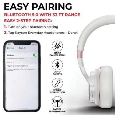 Raycon® Everyday Headphones Bluetooth® with Mics and Aux Input, ANC and Hi-Res Audio, up to 50 Hours Play Time, IPX4 Water-Resistant (Rose Gold)