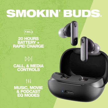 Skullcandy® Smokin’ Buds® Bluetooth Earbuds with Microphone, True Wireless with Charging Case (True Black)