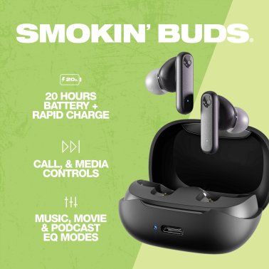 Skullcandy® Smokin’ Buds® TWS Bluetooth® In-Ear Earbuds with Mic and Charging Case, up to 20 Hours of Play Time, IPX4 Sweat-Resistant (True Black)