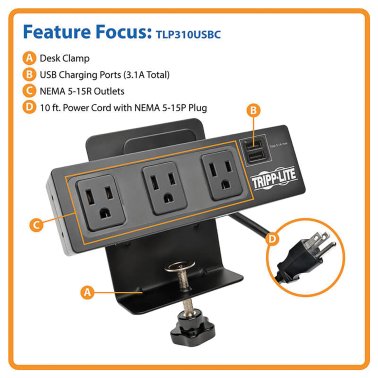 Tripp Lite® by Eaton® Protect It!® 3-Outlet Surge Protector with 2 USB Ports and Desk Clamp