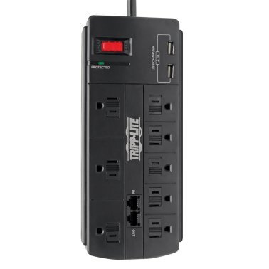 Tripp Lite® by Eaton® Protect It!® 1,200-Joules Surge Protector, 8 Outlets plus 2 USB Ports, 8-Ft. Cord, with Telephone/Modem Protection, TLP88TUSBB