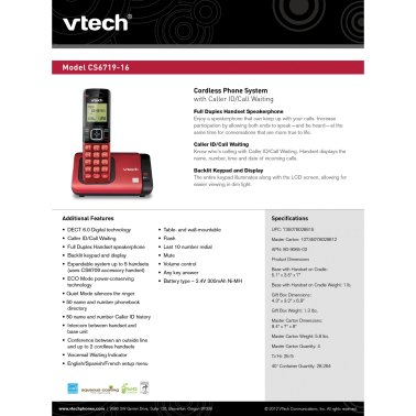 VTech® DECT 6.0 1-Handset Corded Cordless Phone System with Caller ID/Call Waiting. Red and Black